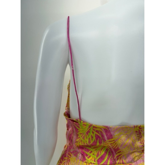 Retrofête Pink Lime Green Tropical Palm Print Cowl Neck Silk Mini Dress Small - Picture 8 of 9